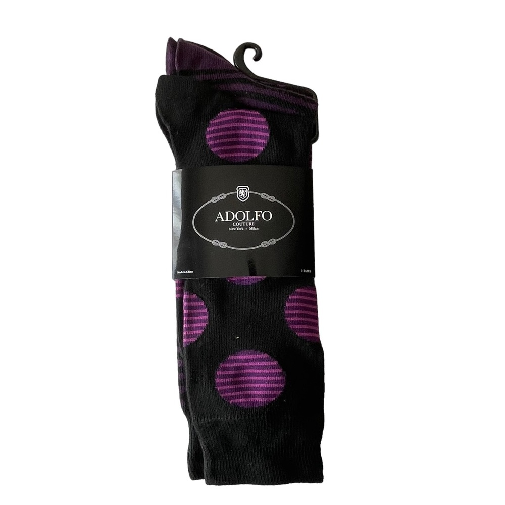 Men's ADOLFO Couture Dress Socks Black and Purple Dots Stripes 3-Pair Size 10-13